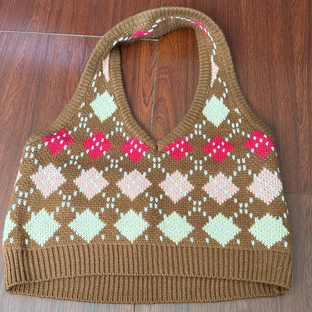 SHEIN Pink and Cream Knit Sweater Vest